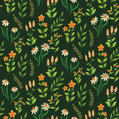 Obraz premium Seamless floral pattern, beautiful ditsy print with wild flowers, herbs on a green field. Vintage botanical background with summer meadow, hand drawn small flowers, leaves. Vector illustration.