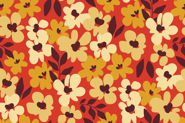 Seamless floral pattern, retro style ditsy print with small yellow flowers, leaves on a red field. Trendy botanical background with liberty meadow, hand drawn flowers and leaves. Vector illustration. © Yulya i Kot