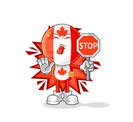 canada flag head holding stop sign. cartoon mascot vector