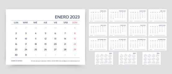 2023 calendar. Spanish planner calender template. Week starts Monday. Spain desk schedule grid with 12 month. Yearly organizer layout. Horizontal monthly diary, A5. Vector simple illustration.