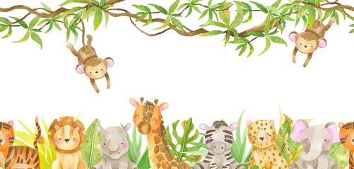 Seamless border with wild animal landscape. Illustration of cute cartoon wild animals from the African savannah, including a hippopotamus, lion, tiger, monkey, elephant, giraffe, leopard and zebra.