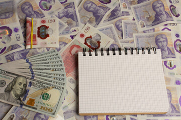 Fototapeta na wymiar American dollars and British pounds, calculate the costs on the calculator