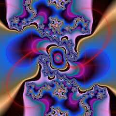 Blue pink petals, abstract fractal background with glowing circles