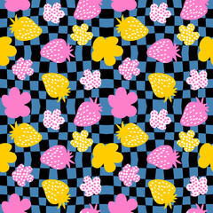 Hippie aesthetic strawberries and spotted flowers seamless pattern. Retro summer print for fabric, paper, T-shirt in 1970s style. Trippy grid distorted background for decor and design.