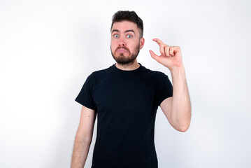 young caucasian bearded man wearing black t-shirt standing over white wall purses lip and gestures with hand, shows something very little.