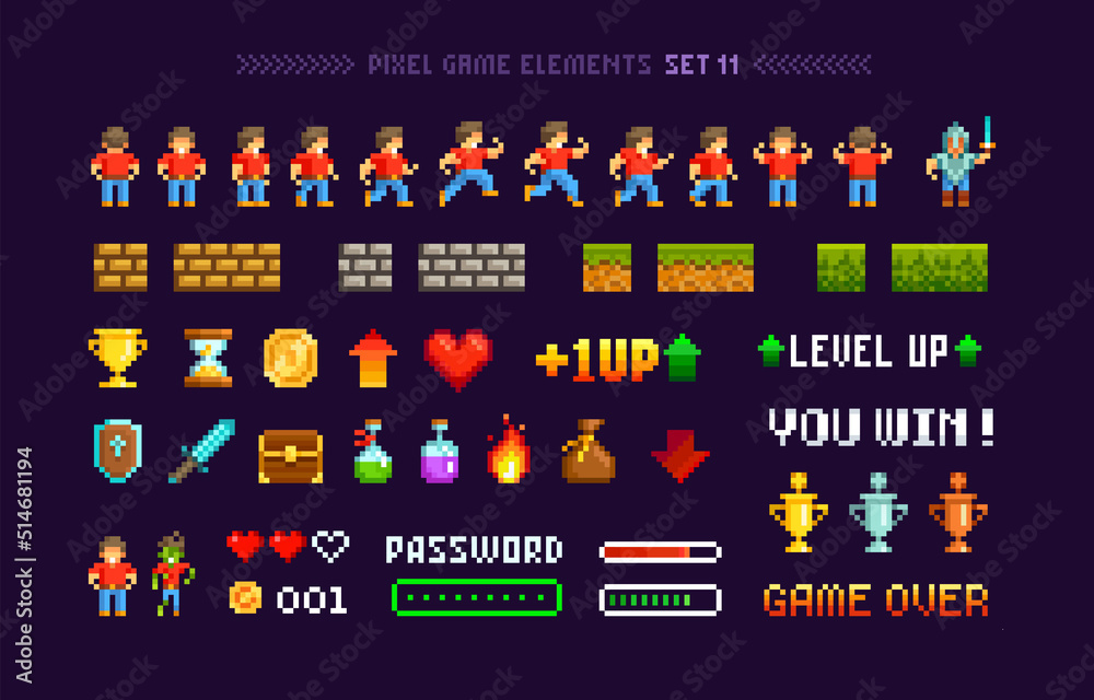 Poster retro pixel game trophy cups, medals with loot icons and elements for arcade design. level up with c