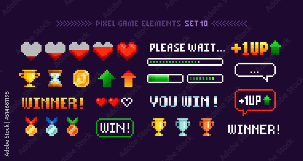 Poster vector pixel art 8-bit winner trophy cups and medals with loading bar set elements for arcade game d