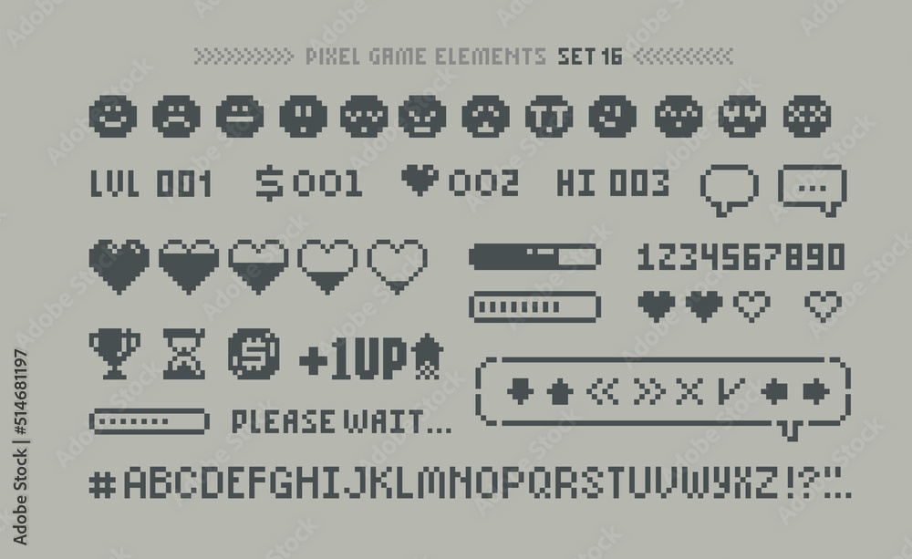 Poster Pixel Art 8 bit arcade game elements with icons and font alphabet. Pixel health scale, downloading, game menu elements . 80s - 90s style 8-bit computer game. Retro video game sprites. Vector template
