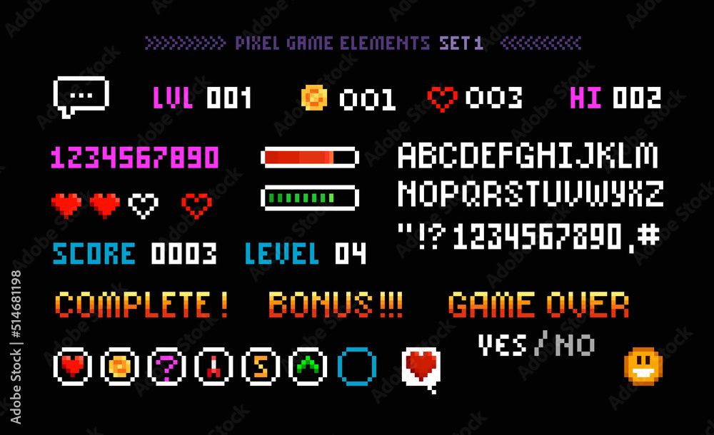 Poster 8-bit Pixel Arcade game elements with icons, signs, navigation buttons and font alphabet. loading bar. Heart and energy power scale. Retro video game menu elements in 80s - 90s style. Vector template