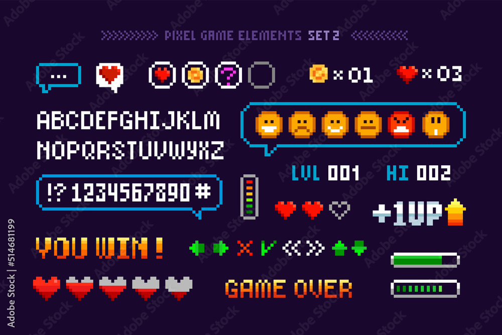 Fototapete 8-bit pixel arcade game elements with icons, signs, navigation buttons and font alphabet. loading ba