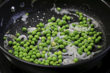 Green peas in the kitchen in a pan.
