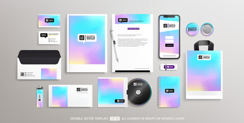 Stationery items Brand Identity Mockup set with holographic gradient background. Office stationary items mockup set  - editable vector template. Company corporate style design