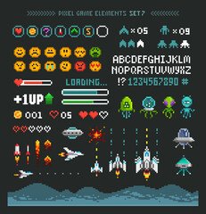 Pixel space arcade game elements with icons. Pixel Art Planets, Ufo aliens, space ships, rockets. Vintage 8-bit computer game in 80s -90s style. Retro video game sprites. Vector template