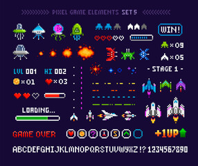 Pixel Art 8 bit arcade game elements with icons and font alphabet. Ufo aliens, space ships, rockets, . Vintage 8 bit computer game. Retro video game sprites. Pixelated Space arcade. Vector template