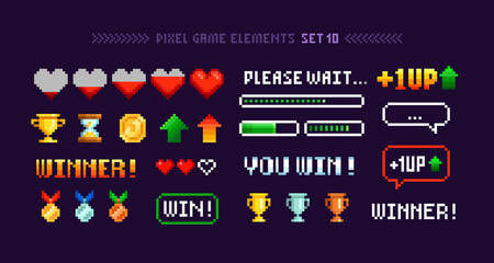 Vector Pixel Art 8-bit winner trophy cups and medals with loading bar set elements for arcade game design. Level up, health loading scale, icons and signs. Retro video game elements in 80s - 90s style © VRTX