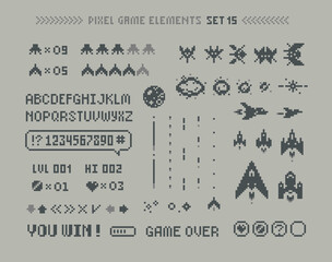 Pixel Art 8 bit arcade game elements with icons and font alphabet. Ufo aliens, space ships, rockets, . Vintage 8 bit computer game. Retro video game sprites. Pixelated Space arcade. Vector template © VRTX