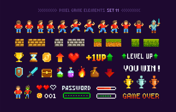 Retro Pixel Game trophy cups, medals with loot icons and elements for arcade design. Level up with character animation game design. Retro 80s - 90s style video game sprites. Pixel Art Vector template
