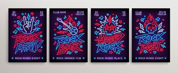 Rock n Roll neon signs poster set. Rock gesture. Neon Guitar and Skull glowing letters design for Rock Music neon signboard set. Neon font. Rock Fest in  retro 80s - 90s style lettering