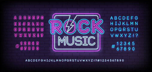 Rock Music Neon Signboard with type font - editable vector template. Neon tube letters design for Rock music, Light sign. Neon font. Rock n Roll Party in retro 80s - 90s style lettering design