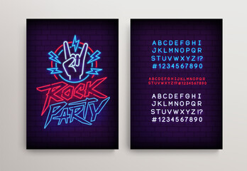 Rock Party Neon Light sign with gesture and type font - editable vector poster. Neon tube letters design for Rock Music neon sign. Neon font. Rock n Roll Party in  retro 80s - 90s style lettering