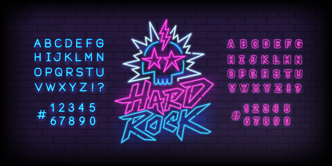 Hard Rock Music Neon Light sign with skull and type font - editable vector template. Neon letters design for Rock glowing sign. Neon font. Rock n Roll Party in  cyberpunk 80s - 90s style lettering