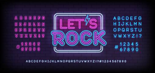 Let's Rock Neon Signboard with type font - editable vector template. Neon tube letters design for Rock music, Light sign. Neon font. Rock n Roll Party in retro 80s - 90s style lettering design