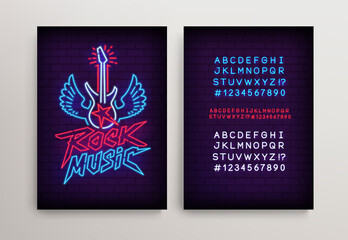 Rock Music Neon Light sign with guitar and type font - editable vector poster template. Neon tube letters design for Rock neon sign. Neon font. Rock Party in retro 80s - 90s style lettering