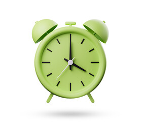 Alarm clock 3d lime green color on white background. Hand of hispanic man holding yellow alarm clock over. classic desktop clock. 3d rendered illustration.