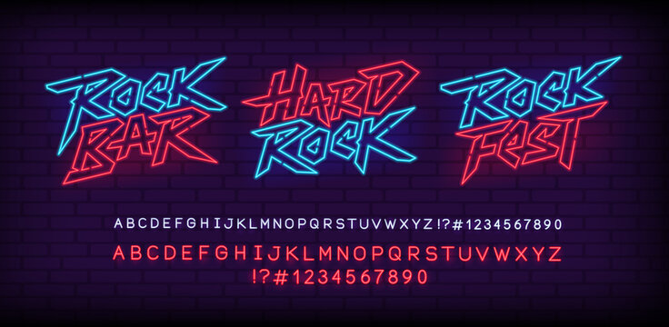 Rock n Roll Neon Light sign set with type font. Rock Bar sign. Neon tube letters design for Hard Rock Music neon sign. Neon font. Glowing street sign Rock Fest in  retro 80s - 90s style lettering