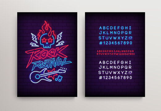 Rock Festival Neon signboard with guitar and type font - editable vector poster. Neon tube letters design for Rock Music gesture sign. Neon font. Rock n Roll Party in  retro 80s - 90s style lettering