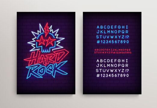 Hard Rock Neon Light sign with skull and type font - editable vector poster. Neon tube letters design for Rock Music glowing street sign. Neon font. Rock Party in retro 80s - 90s style lettering