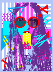 Sexy girl with sunglasses and red lips and purple hair. Beauty, fashion background. Funky girl with purple hair eating ice cream. Retro pop art culture background