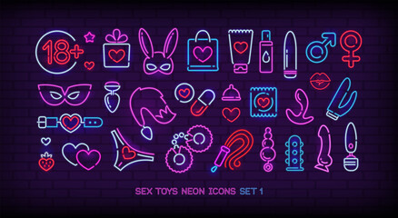 Sex toys shop items and icons in Neon light style . Adult store logo with BDSM roleplay icon set. Vector sex toys collection in fluorescent Neon lamp style . Editable illustration 