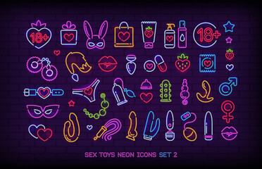 Sex Shop Toys and icons in colorful Neon light style . Adult store logo with BDSM roleplay icon set. Vector sex toys collection in fluorescent Neon lamp style . Editable illustration 