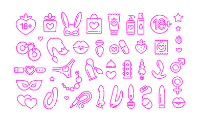 Vector Sex toys shop icons in minimalistic linear flat style. Adult store logo with BDSM roleplay icon set. Vector sex toys collection . Editable illustration on white background