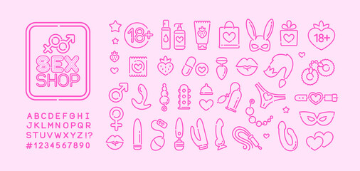 Sex toys shop sign and icons in minimalistic linear flat style. Adult store logo with BDSM roleplay icon set. Vector sex toys collection . Editable illustration on pink background