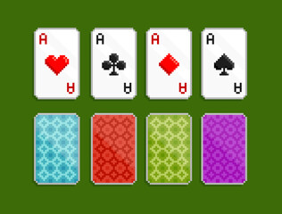 Pixel Art Playing cards with ace suits on green background. Pixel playing cards. Design for logo, sticker, app. 8-bit Poker video game assets sprites