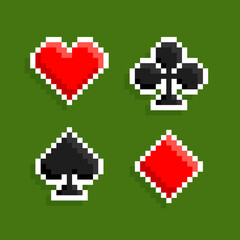 Pixel Art Playing Poker cards suits icons on green background. Pixel playing cards symbols. Design for logo, sticker, app. 8-bit video game assets sprites. Isolated vector illustration