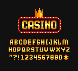 Pixel Art Casino sign in red frame with crown and golden type font. Pixel graphics Casino font in 8-bit video game style. Pixelated Golden Alphabet. Retro game sprite. Vector illustration
