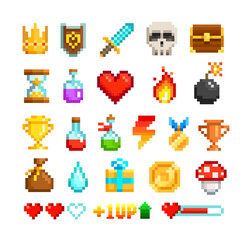 Vector Pixel Art icons set of 8-bit set of shield, sword, crown, potion, bottle, heart, award, trophy cup. Pixel loot items objects for retro video game design. Video game sprite. Isolated on white