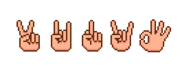Pixel Art hands icons and symbols. Rock sign gesture. Okay hand gesture. Middle Finger gesture. Retro video game sprite. Vector Pixel graphics for stickers and logo design