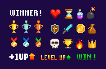 Pixel Art 8-bit winner trophy cups, medals set for retro game design. Pixel awards icon set. Level up, winner, coin, heart scale. loading bar. Arcade game sprites. Pixel video game interface elements 