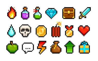 Vector Pixel Art icons set of 8-bit set of diamond, weapon, heart, fire, skull etc. Level Up. Pixel loot items award objects for retro video game design. Video game sprite. Isolated on white