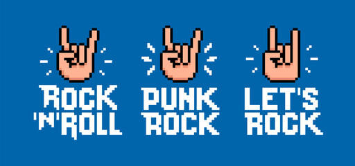 Fototapeta premium Rock Music signs in Pixel Art style vector template. Let's Rock and Punk Rock inscription collection for print tee, apparel and poster design. Rock sign gesture