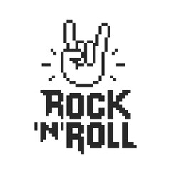 Fototapeta na wymiar Pixel Art style Rock Music Gesture vector lettering on white background. Geek style Pixelated Rock n roll design with pixel style hand. Pixel graphics Rock sign gesture for print design