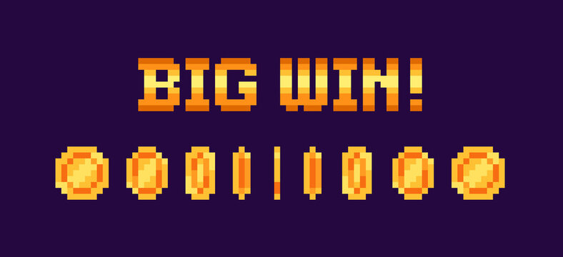 Pixel Art Big Win sign with golden coins for gambling and board games design. 8-bit video game assets sprite. Isolated vector illustration