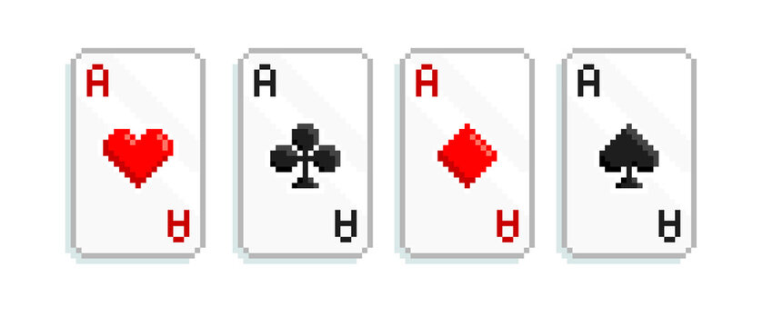 Pixel Art Playing Poker cards icons with ace suits on white background. Pixel playing cards symbols. Design for logo, sticker, app. 8-bit video game assets sprites. Isolated vector illustration