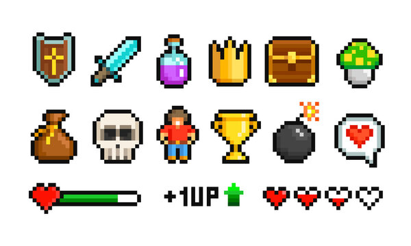 Vector Pixel Art icons set of 8-bit set of crown, heart, trophy cup, skull etc. Level Up. Pixel loot items award objects for retro video game design. Video game sprite. Isolated on white