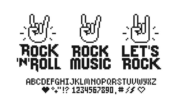 Rock Music Festival vintage sign and Pixel Art style vector template. Let's Rock. Pixelated Rock n roll designs collection for print tee, apparel and poster design. Rock music finger symbols or icons