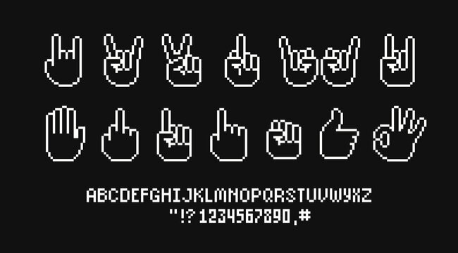 Pixel Art hand cursors icons and symbols. Rock sign gesture. Middle Finger and Forefinger up. Hand pointer. Retro video game sprite. Pixelated font. Vector Pixel graphics for stickers and logo design